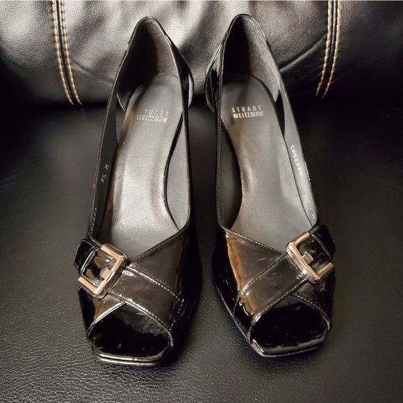 STUART WEITZMAN Belmont Peep-Toe Wedge Heel Black Patent Leather Size 9.5 - Picture 3 of 9